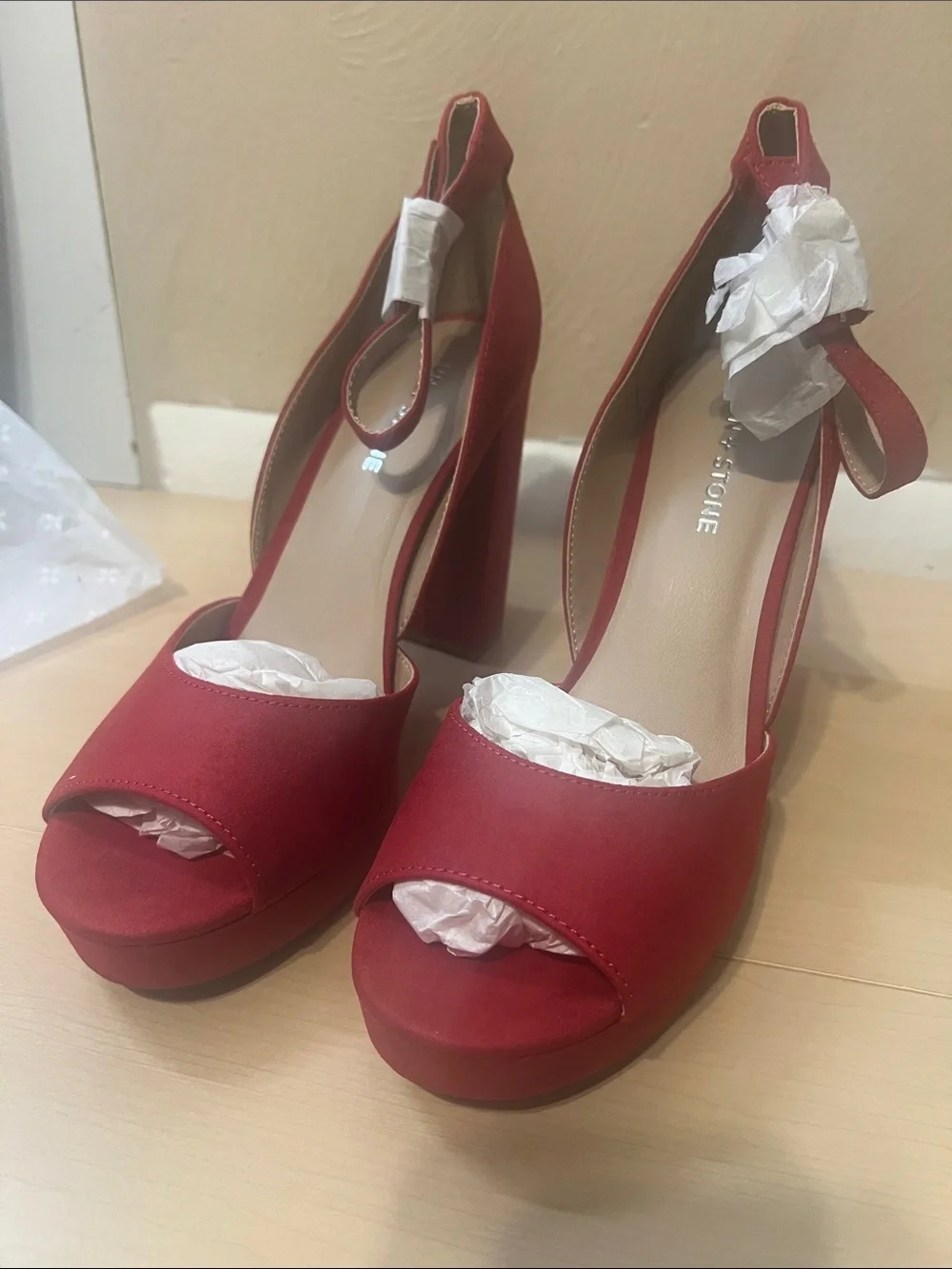 Sun + Stone Women's Reemaa Cherry Red Peep Toe Platform Block Heel Sandals NWT